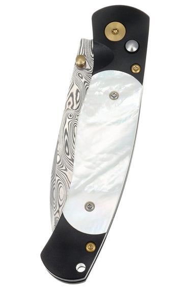 El Rey Damasteel Button Lock — Mother-of-Pearl / Black Cerakote, Gold PVD Hardware — Closed