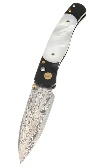 El Rey Damasteel Button Lock — Mother-of-Pearl / Black Cerakote, Gold PVD Hardware — Down