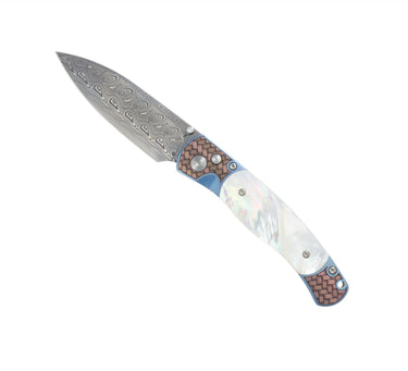 El Rey Button Lock Damasteel® Hakkapella | Mother of Pearl | Chipped in Metal Engraving — DMOP02-ENGRAVE-CHIPPED METAL OPEN