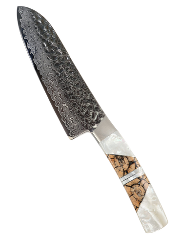 Hammer Damascus 7" Santoku Knife — Caramel Mammoth Tusk, Mother-of-Pearl — Studio View