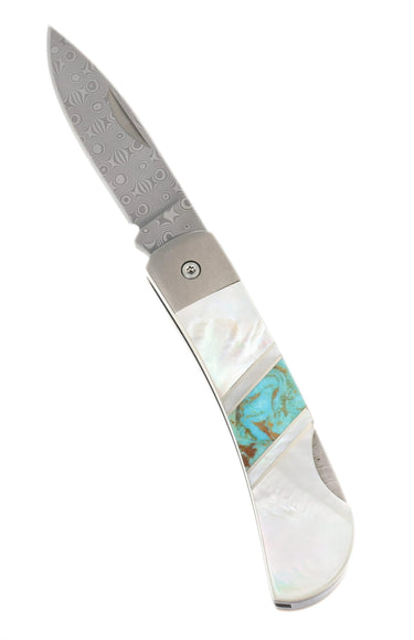 3" Lockback 110-Layer Stainless Damascus – Kingman Turquoise with Mother of Pearl — studio view
