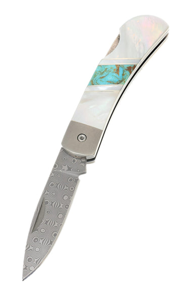 3" Lockback 110-Layer Stainless Damascus – Kingman Turquoise with Mother of Pearl — open, blade down