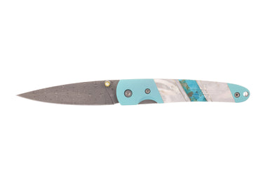 4" Damascus Liner Lock — Mother-of-Pearl, Turquoise / Turquoise Cerakote — Front