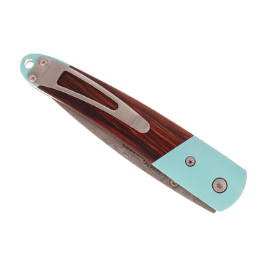 4" Damascus Liner Lock — Mother-of-Pearl, Turquoise / Turquoise Cerakote — Back