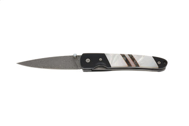 4" Damascus Liner Lock — Black-Lip Mother-of-Pearl / Black Cerakote — Front