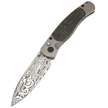 El Rey Damasteel Button Lock — Meteorite — Open Down