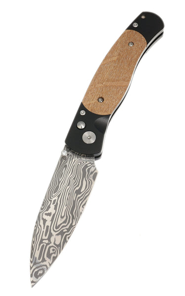 El Rey Damasteel Button Lock — Wood / Black Cerakote, Diamond Thumb Stud — Down