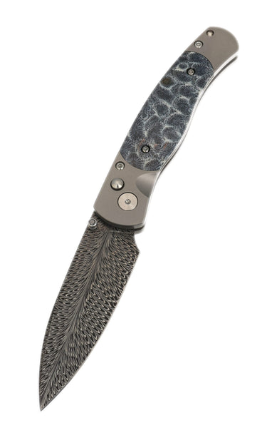 El Rey Feather Damascus Button Lock – Black Fossil Coral & Black Diamond Thumb Stud — open, blade down