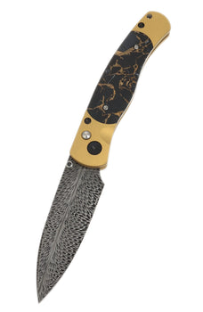 El Rey Feather Damascus Button Lock – Black Buffalo Bronze, Gold Cerakote & Black PVD Hardware, Black Diamond Thumb Stud — open, blade down