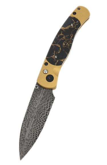 El Rey Feather Damascus Button Lock – Black Buffalo Bronze, Gold Cerakote & Black PVD Hardware, Black Diamond Thumb Stud — open, blade down