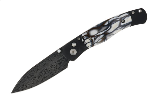El Rey Feather Damascus Button Lock – Mammoth Tusk — open, blade down