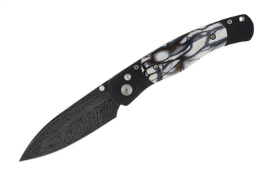 El Rey Feather Damascus Button Lock – Mammoth Tusk — open, blade down