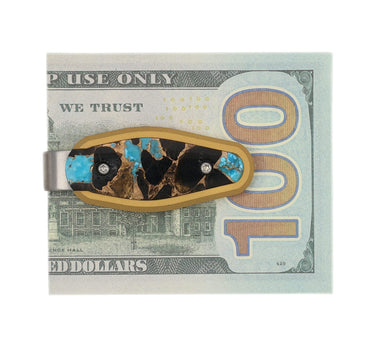 Titanium Money Clip – Turquoise, Obsidian & Bronze with Gold Cerakote — studio view