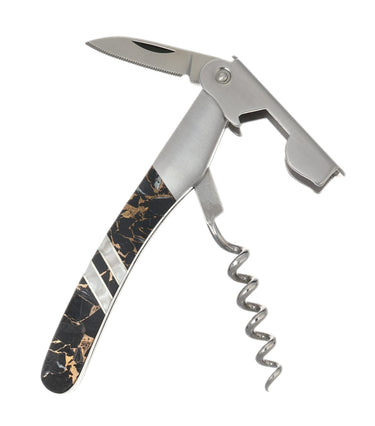 Gemstone Exotics Collection Waiter's Knife, Obsidian/Abalone/Bronze, open