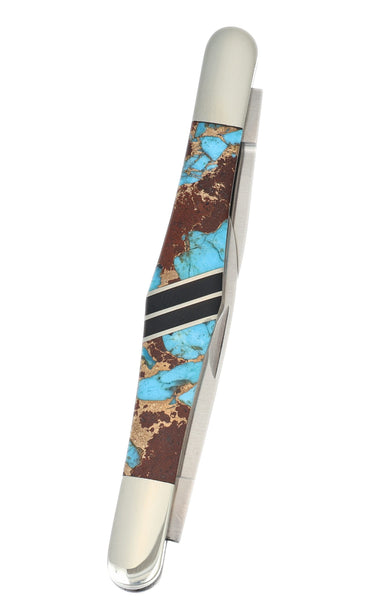 Two-Blade Tuxedo Knife – Turquoise, Lava Rock & Bronze with Jet — closed