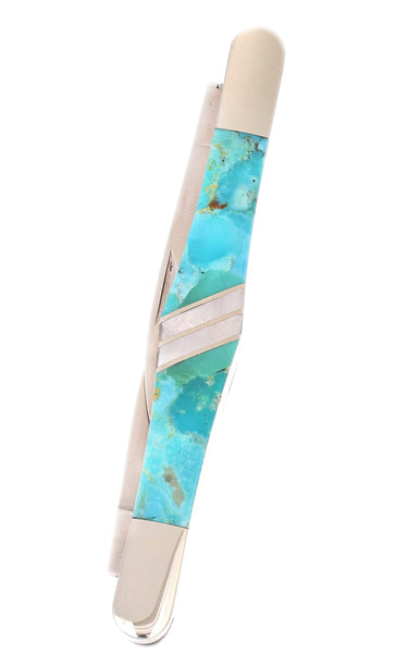 Two-Blade Tuxedo Knife – Kingman Blue Turquoise with Mother of Pearl — closed