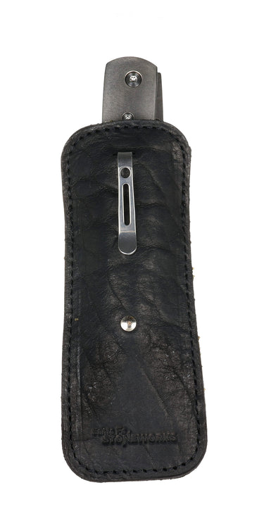 Large American Buffalo Hide Knife Pouch with Pocket Clip — black, back with pocket clip