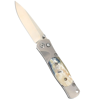 Tesoro - Woolly Mammoth Tusk 3 1/2" Button Lock Knife, open, blade up