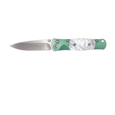 Tesoro VG-10 Button Lock – Mother of Pearl with Green Anodized Titanium Frame — closed