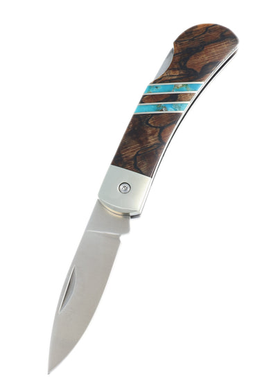 3" Lockback 440C Stainless Steel – Spalted Beech with Turquoise — open