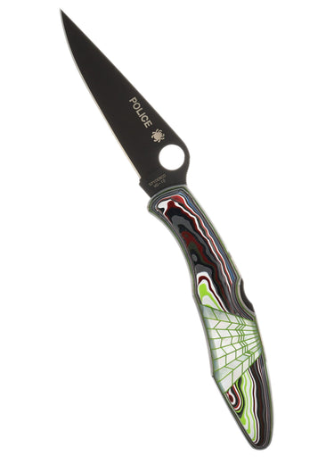 Limited Edition Spyderco Police, Blacked Out, Fordite with Mother of Pearl Web Inlay, open