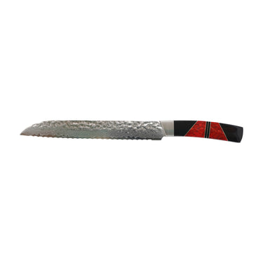 Hammered Damascus Bread Knife with coral and jet
