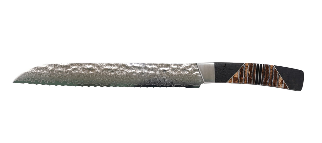 New Hammered Damascus Bread Knife with Natural Woolly Mammoth Molar and Jet