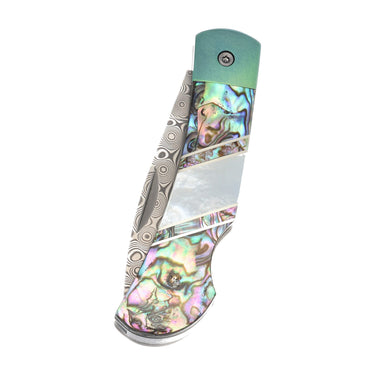 3" Damascus Lockback — Abalone / Green Anodized Frame — Closed