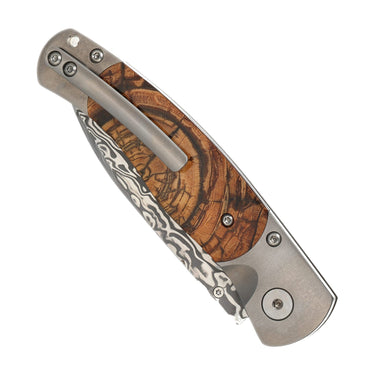El Rey –Titanium Button Lock with Damasteel with Carmel Fossilized Mammoth Tusk, back