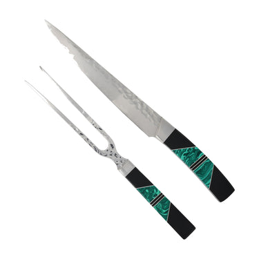 Jewelry Series Carving Set, Malachite with Jet and Silver, carving fork and knife