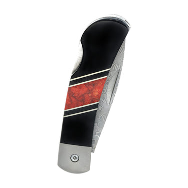 3" Damascus Lockback — Jet, Red Coral — Closed