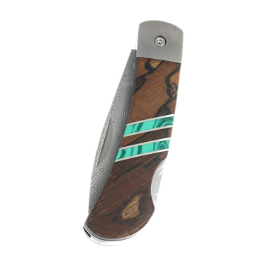 3" Lockback 110-Layer Stainless Damascus – Spalted Beech with Turquoise — closed