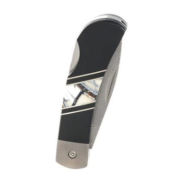 3" Lockback 110-Layer Stainless Damascus – White Mammoth Tusk with Jet — closed