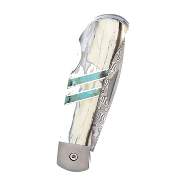 Titanium 3" Damascus Lock Back White Mammoth Tusk with Turquoise, closed