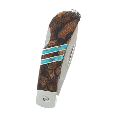3" Lockback 440C Stainless Steel – Spalted Beech with Turquoise — closed