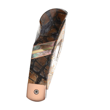 3" Lockback Copper & Brass Core Damascus (VG-10) | Caramel Fossilized Mammoth Tusk, closed