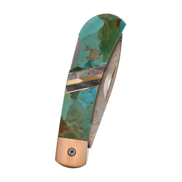 3" Lockback Copper & Brass Core Damascus (VG-10) | Kingman Turquoise, closed