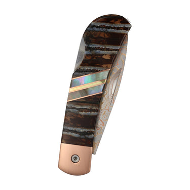 3" Copper & Brass Core Damascus Lockback — Natural Mammoth Tooth — Closed
