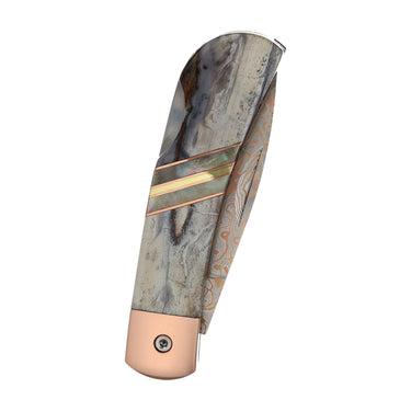 3" Copper & Brass Core Damascus Lockback — White Mammoth Tusk — Closed
