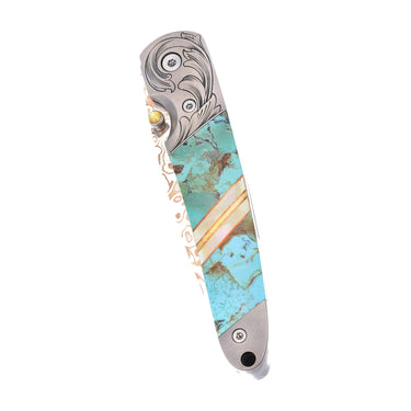 4" Liner Lock Copper & Brass Core Damascus (VG-10) | Kingman Blue-Green Turquoise | Phil Bartolotta Master Engraved — CBGE70D-ENG-PHIL-CLOSED