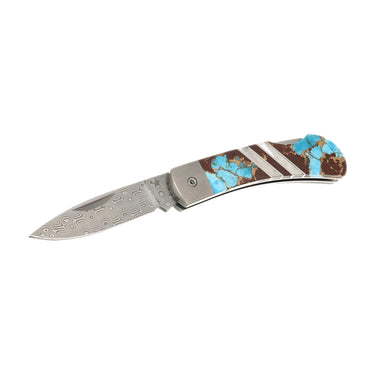 3" Damascus Lockback — Turquoise, Lava Rock and Bronze — Down