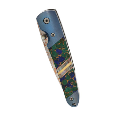 4" Copper & Brass Core Damascus Liner Lock — Azurite, Bronze and Lapis, Turquoise — Closed