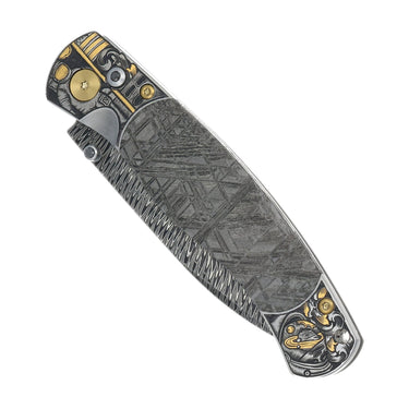 El Rey Feather Damascus Button Lock — Meteorite / Space Engraving — Studio View