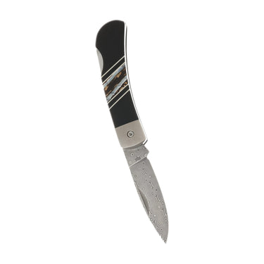 3" Lockback 110-Layer Stainless Damascus – Natural Fossilized Mammoth Tooth with Jet — open, blade down