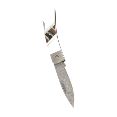 3" Lockback 110-Layer Stainless Damascus – Natural Fossilized Mammoth Tooth with Mother of Pearl — open, blade down