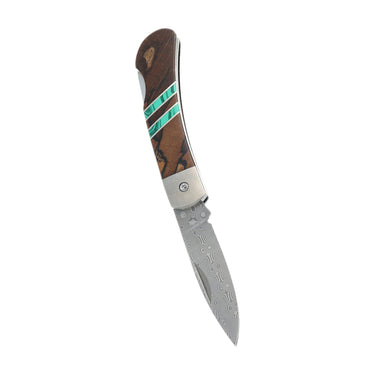 3" Lockback 110-Layer Stainless Damascus – Spalted Beech with Malachite — open, blade down