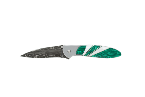 Damascus Blade Kershaw Leek- Malachite and Mother of Pearl