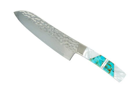 Jewelry Mother of Pearl - Hammered Damascus 7" Santoku Kingman Turquoise
