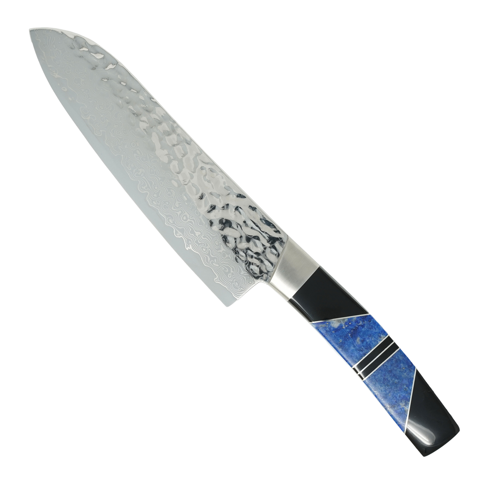 Hammered Damascus  Jewelry Collection Lapis with Jet  7" Santoku