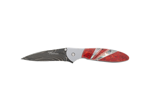Damascus Blade Kershaw Leek- Red Coral and Black Lip Mother of Pearl